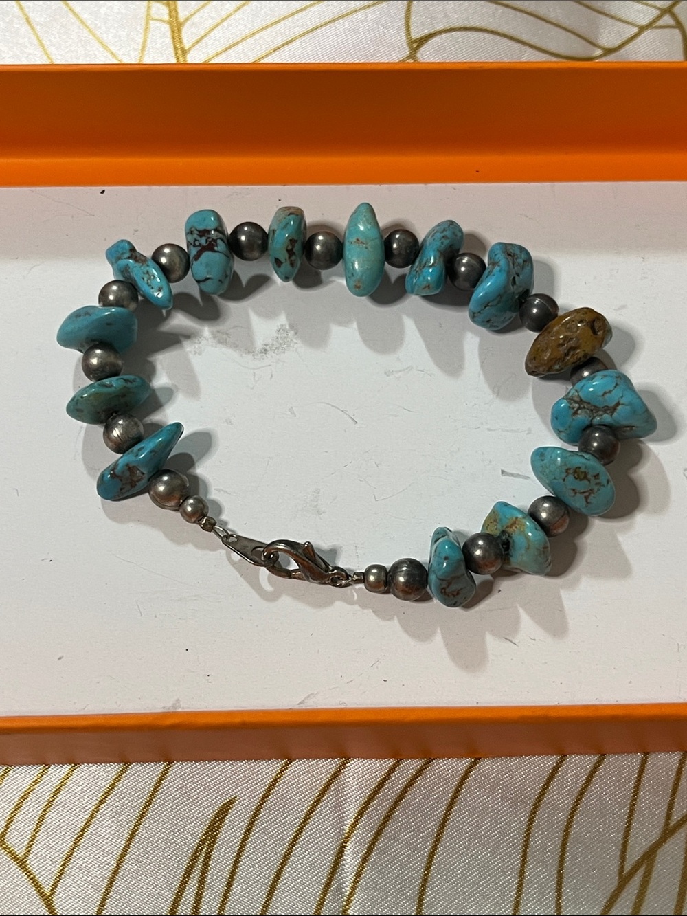Turquoise Chip and Silver Bead Stretch Bracelet - Turquoise